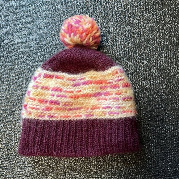 PrAna Francesca Pom Beanie Hat OS Purple Wool Winter Ski Snow Fleece Lined - Picture 2 of 6